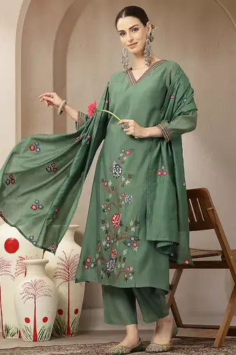 green mul chanderi embroidery a-line kurta trouser dupatta set