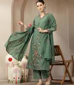green mul chanderi embroidery a-line kurta trouser dupatta set