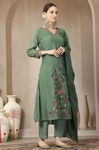 green mul chanderi embroidery a-line kurta trouser dupatta set