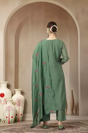 green mul chanderi embroidery a-line kurta trouser dupatta set