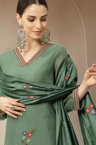 green mul chanderi embroidery a-line kurta trouser dupatta set