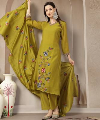 lime green mul chanderi embroidery a-line kurta trouser dupatta set 1