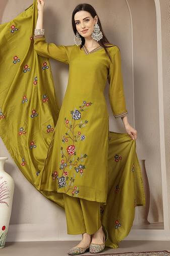 lime green mul chanderi embroidery a-line kurta trouser dupatta set