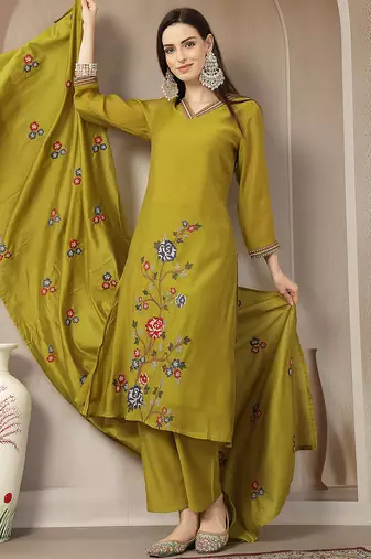 lime green mul chanderi embroidery a-line kurta trouser dupatta set
