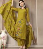 lime green mul chanderi embroidery a-line kurta trouser dupatta set
