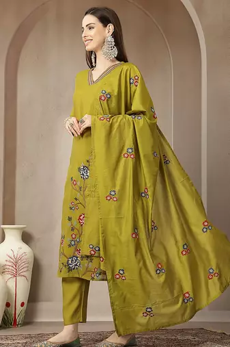 lime green mul chanderi embroidery a-line kurta trouser dupatta set