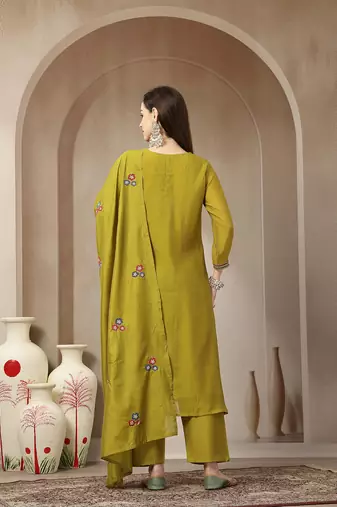 lime green mul chanderi embroidery a-line kurta trouser dupatta set