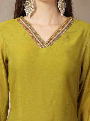 lime green mul chanderi embroidery a-line kurta trouser dupatta set 4