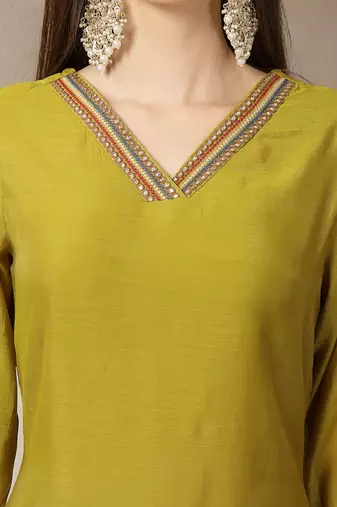 lime green mul chanderi embroidery a-line kurta trouser dupatta set