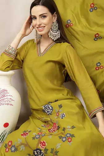lime green mul chanderi embroidery a-line kurta trouser dupatta set