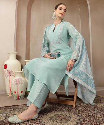turquoise blue mul chanderi silk embroidery a-line kurta trouser dupatta set 1