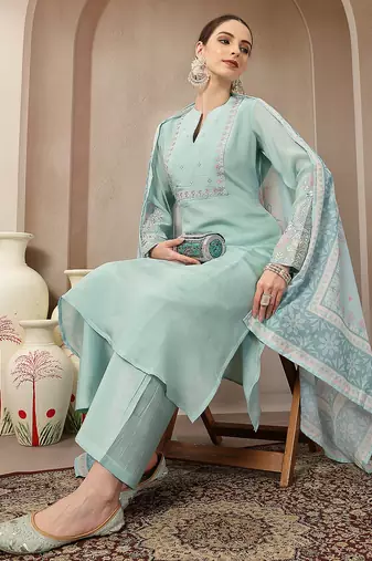 turquoise blue mul chanderi silk embroidery a-line kurta trouser dupatta set