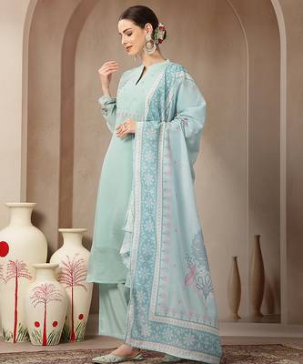turquoise blue mul chanderi silk embroidery a-line kurta trouser dupatta set 2