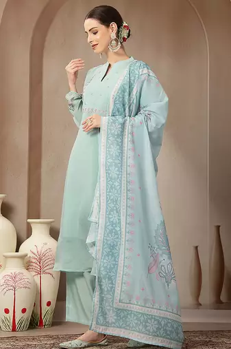 turquoise blue mul chanderi silk embroidery a-line kurta trouser dupatta set