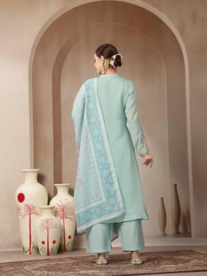 turquoise blue mul chanderi silk embroidery a-line kurta trouser dupatta set 3