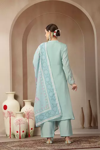 turquoise blue mul chanderi silk embroidery a-line kurta trouser dupatta set
