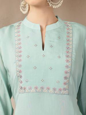 turquoise blue mul chanderi silk embroidery a-line kurta trouser dupatta set 4