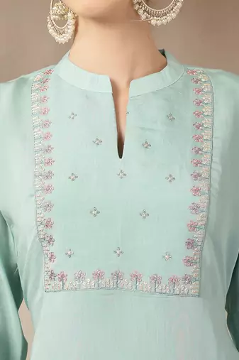 turquoise blue mul chanderi silk embroidery a-line kurta trouser dupatta set