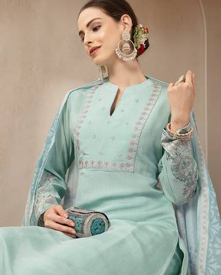 turquoise blue mul chanderi silk embroidery a-line kurta trouser dupatta set 5