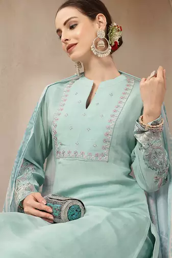 turquoise blue mul chanderi silk embroidery a-line kurta trouser dupatta set