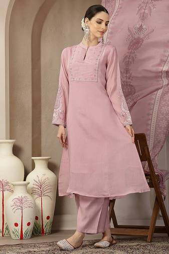 light pink mul chanderi silk embroidery a-line kurta trouser dupatta set