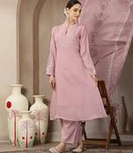 light pink mul chanderi silk embroidery a-line kurta trouser dupatta set