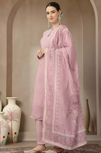 light pink mul chanderi silk embroidery a-line kurta trouser dupatta set