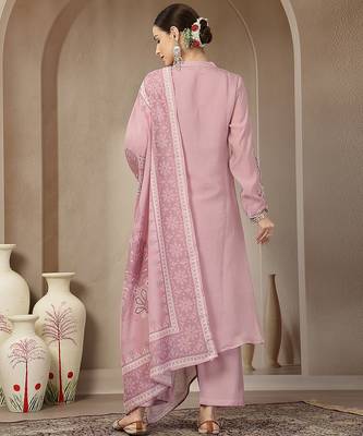 light pink mul chanderi silk embroidery a-line kurta trouser dupatta set 3