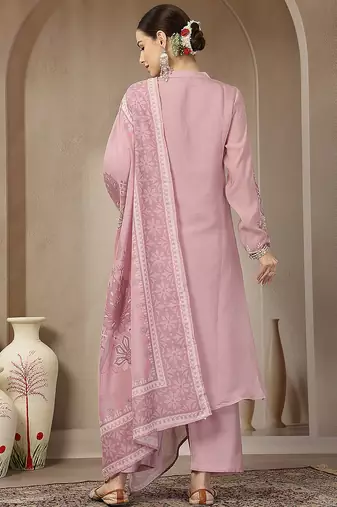 light pink mul chanderi silk embroidery a-line kurta trouser dupatta set