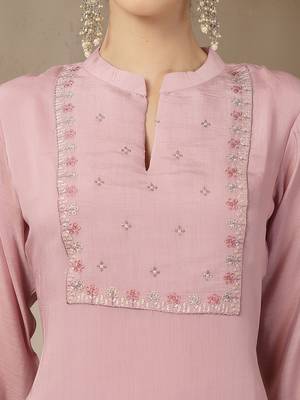 light pink mul chanderi silk embroidery a-line kurta trouser dupatta set 4