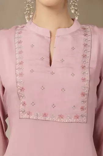light pink mul chanderi silk embroidery a-line kurta trouser dupatta set