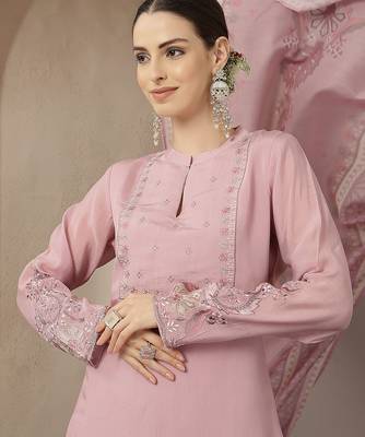 light pink mul chanderi silk embroidery a-line kurta trouser dupatta set 5