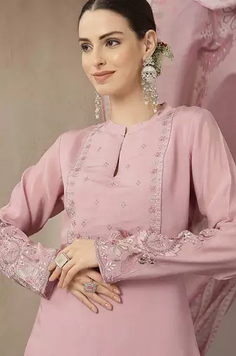 light pink mul chanderi silk embroidery a-line kurta trouser dupatta set