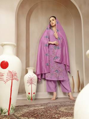 lavender mul chanderi silk embroidery a-line kurta palazzo dupatta set 1