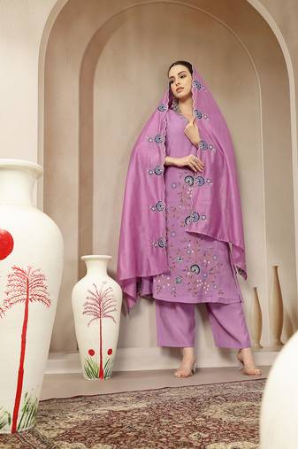 lavender mul chanderi silk embroidery a-line kurta palazzo dupatta set