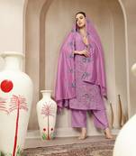 lavender mul chanderi silk embroidery a-line kurta palazzo dupatta set