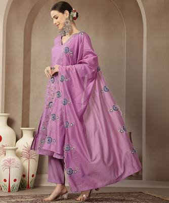 lavender mul chanderi silk embroidery a-line kurta palazzo dupatta set 2