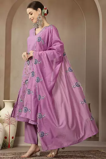 lavender mul chanderi silk embroidery a-line kurta palazzo dupatta set