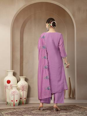 lavender mul chanderi silk embroidery a-line kurta palazzo dupatta set 3