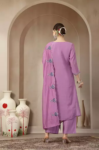 lavender mul chanderi silk embroidery a-line kurta palazzo dupatta set