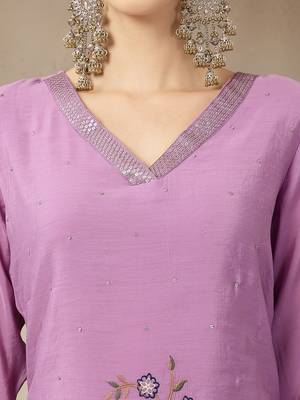 lavender mul chanderi silk embroidery a-line kurta palazzo dupatta set 4