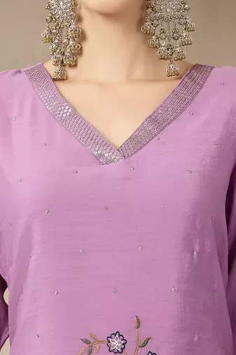 lavender mul chanderi silk embroidery a-line kurta palazzo dupatta set