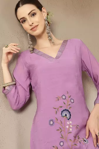 lavender mul chanderi silk embroidery a-line kurta palazzo dupatta set