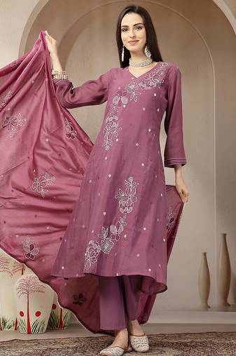 purple mul chanderi kantha work kurta dupatta pant set
