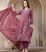 purple mul chanderi kantha work kurta dupatta pant set