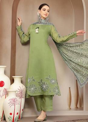 green mul chanderi silk keyhole neck a-line kurta trouser dupatta set 1