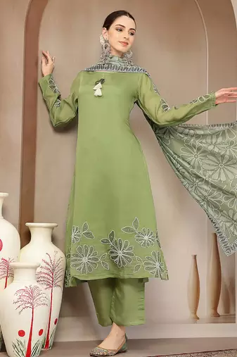 green mul chanderi silk keyhole neck a-line kurta trouser dupatta set