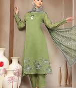 green mul chanderi silk keyhole neck a-line kurta trouser dupatta set