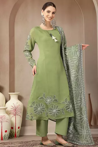 green mul chanderi silk keyhole neck a-line kurta trouser dupatta set