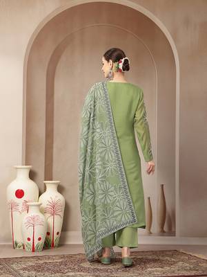 green mul chanderi silk keyhole neck a-line kurta trouser dupatta set 3